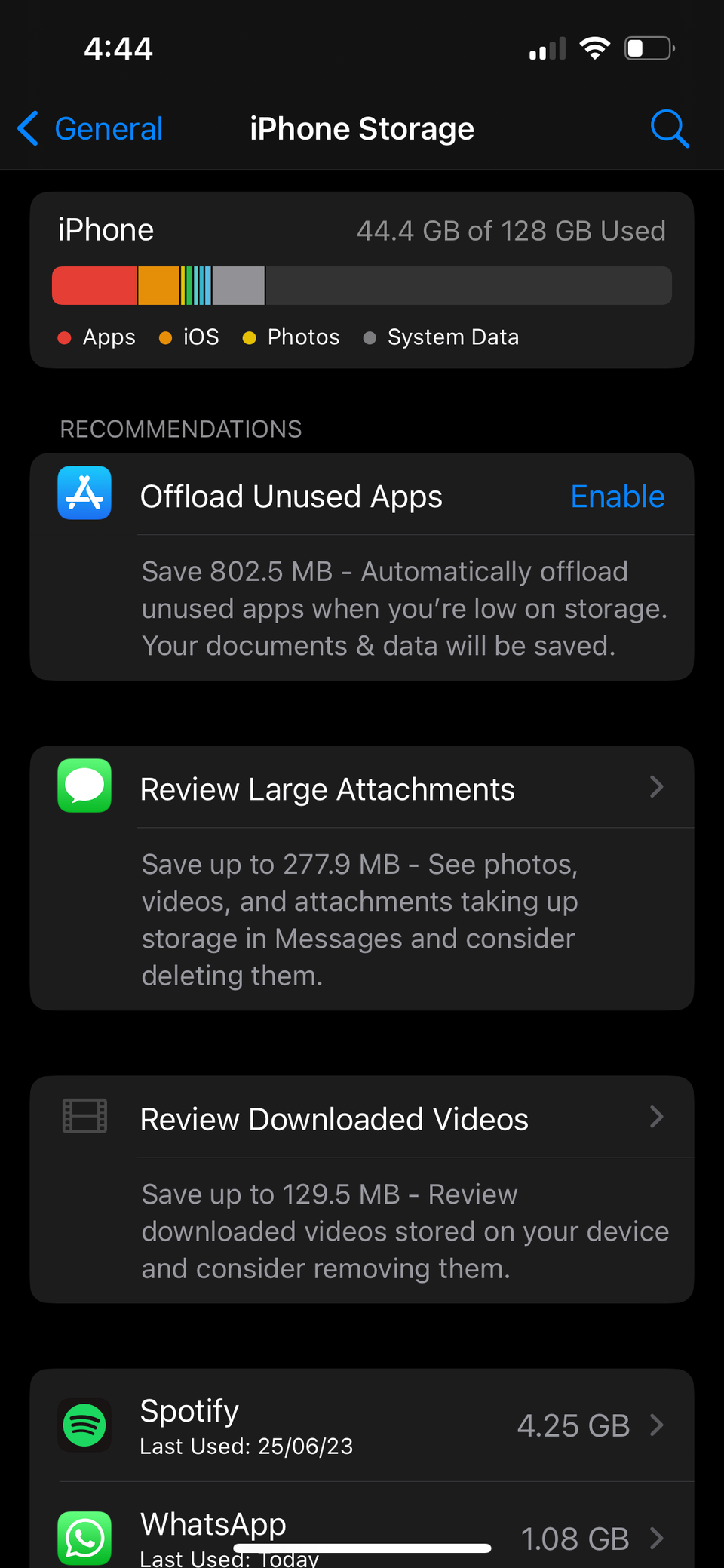 Screenshot of the Offload feature of iPhone storage inside Settings