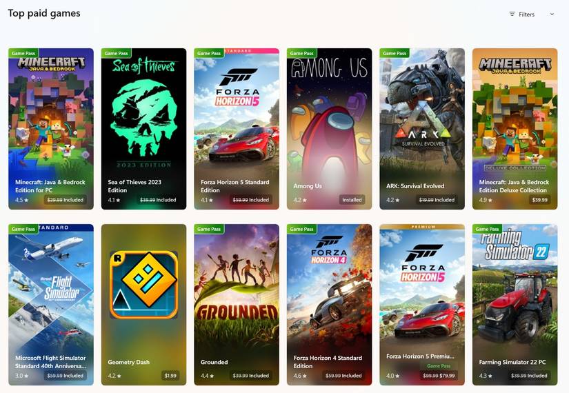 Screenshot of Microsoft Store game and movie cards