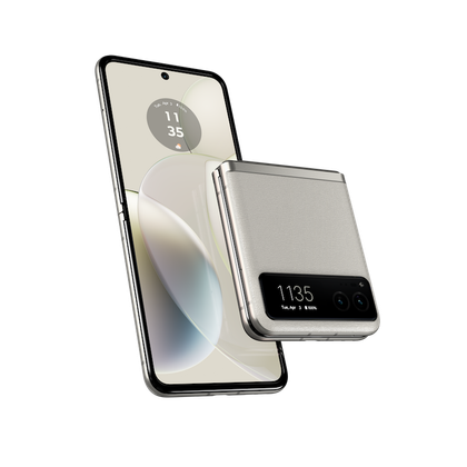 A render showing both the internal and external display of the Moto Razr 2023 model in Vanilla Cream colorway.