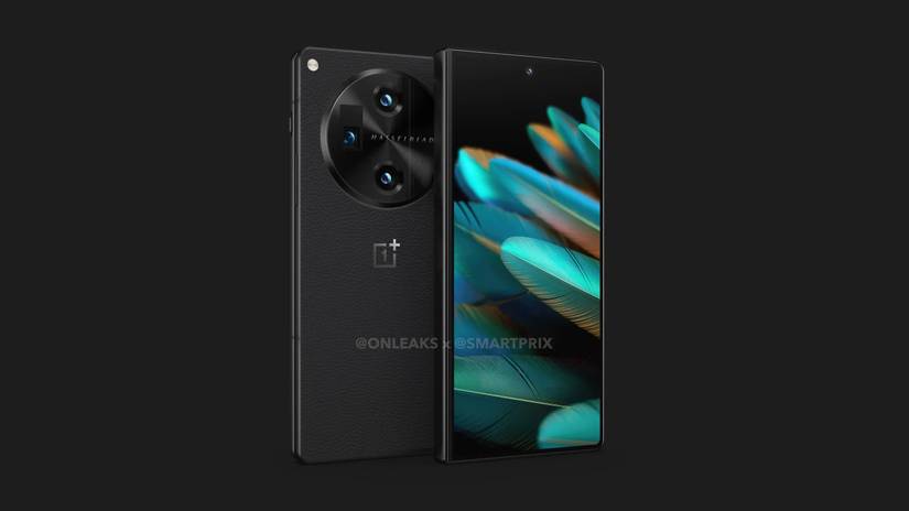 OnePlus V Fold front and back with feather background 