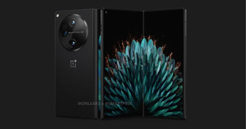 OnePlus V Fold front and back with feather background 