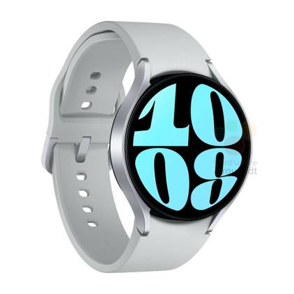 Silver Galaxy Watch 6 on white background.