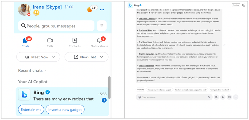 Bing chat AI in Skype with new prompts on screen for fun conversations