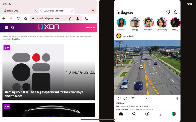 Instagram running in split-screen mode.