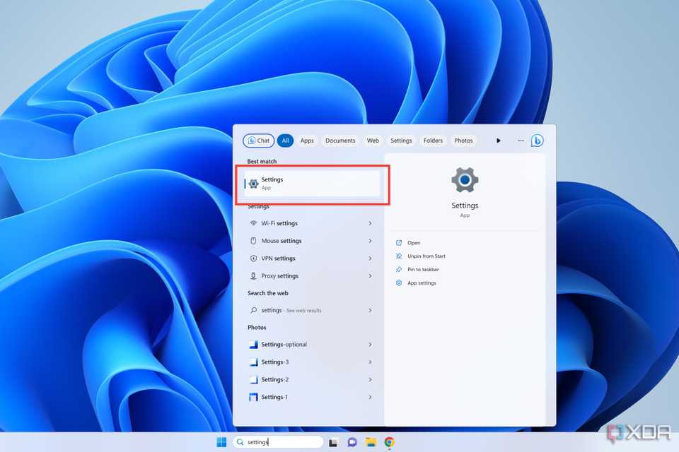 Type settings into the Search bar and click on Settings