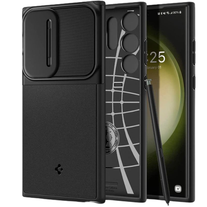 A render of the Spigen Optik Armor case installed on a Galaxy S23 Ultra.