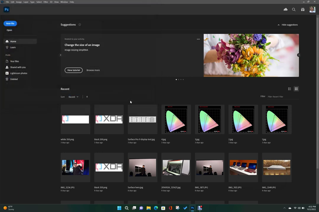 Photoshop on ARM main menu interface