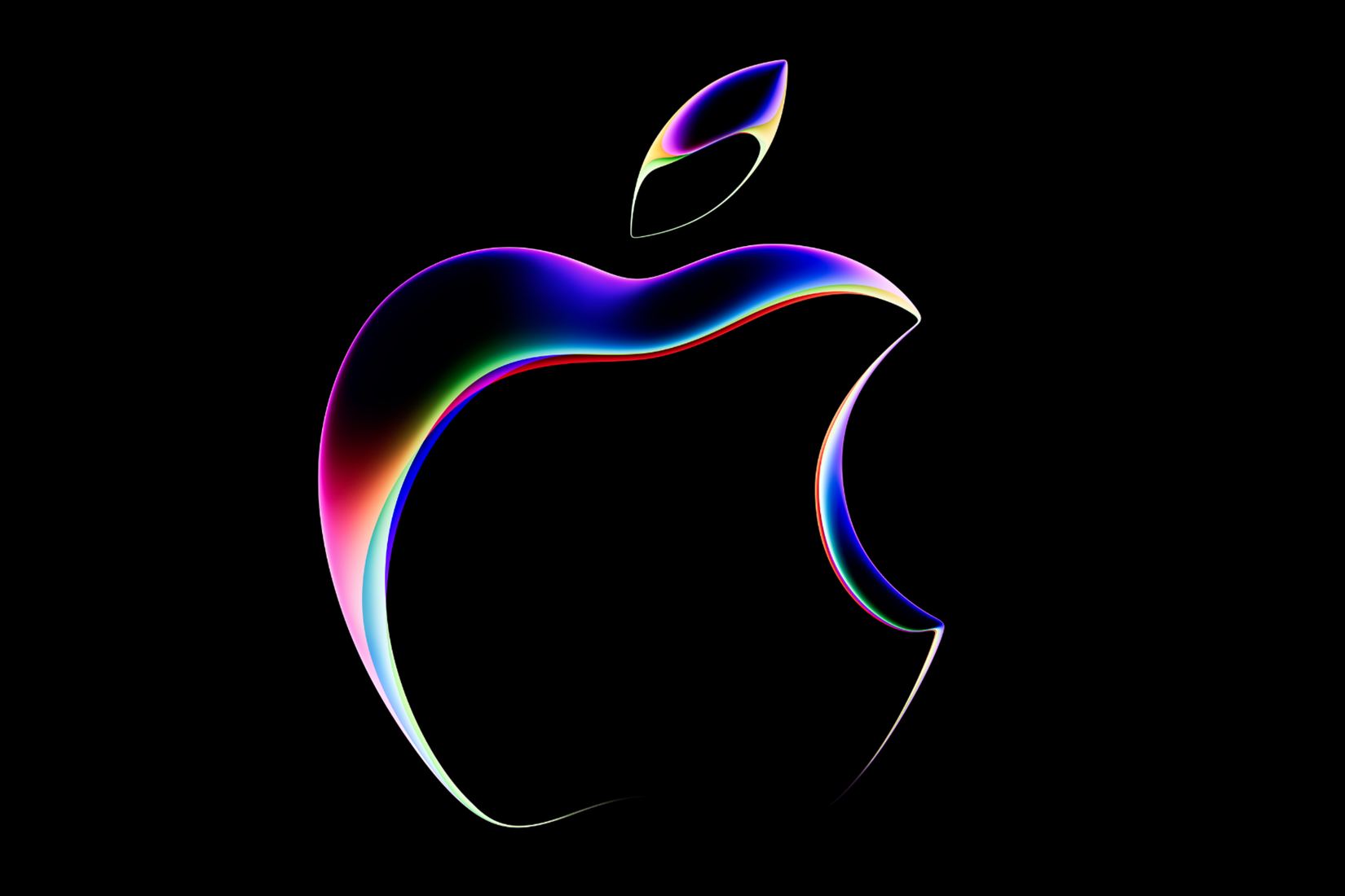 Apple WWDC23 logo with reflective colors and rainbow hue on black background