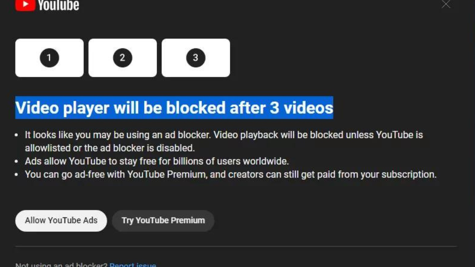 YouTube adblocker warning message