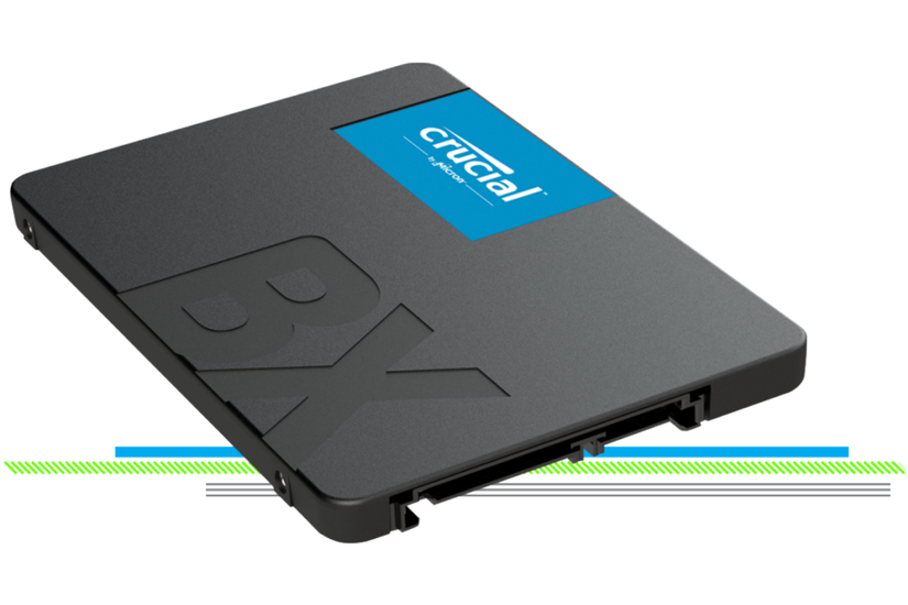 Crucial BX500 SSD floating in the air, with green blue and black lines in the background
