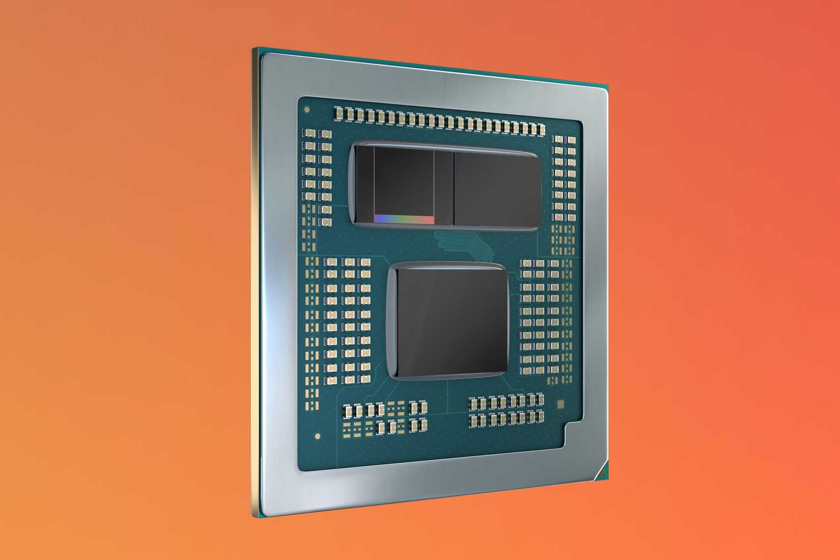AMD Ryzen 9 7945HX3D over a gradient orange and red background