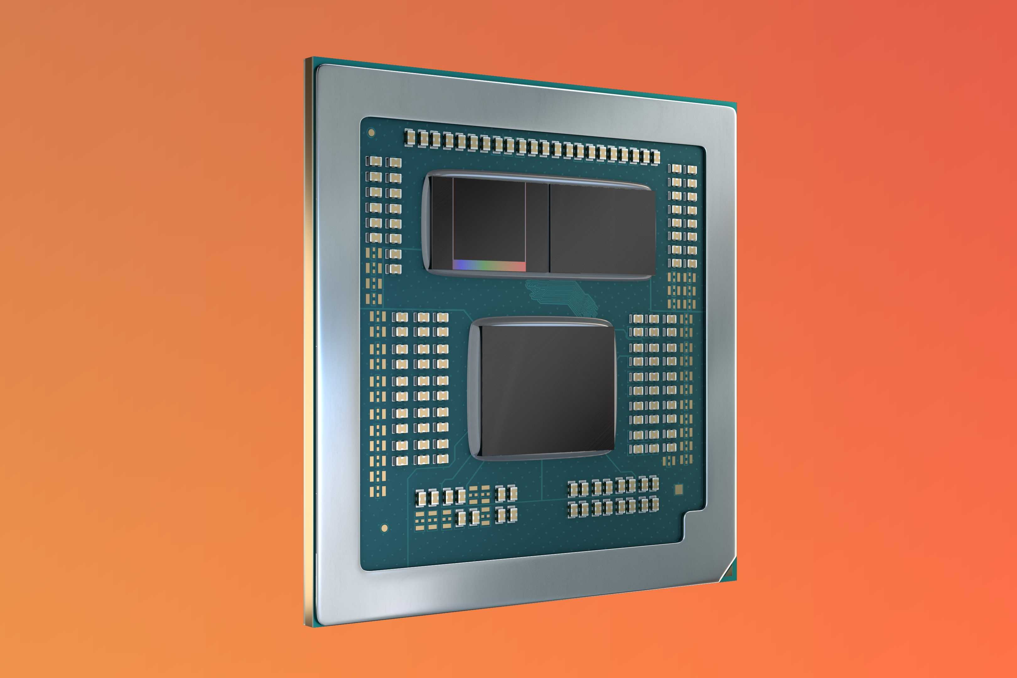 AMD Ryzen 9 7945HX3D over a gradient orange and red background
