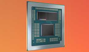 AMD Ryzen 9 7945HX3D over a gradient orange and red background