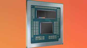 AMD Ryzen 9 7945HX3D over a gradient orange and red background