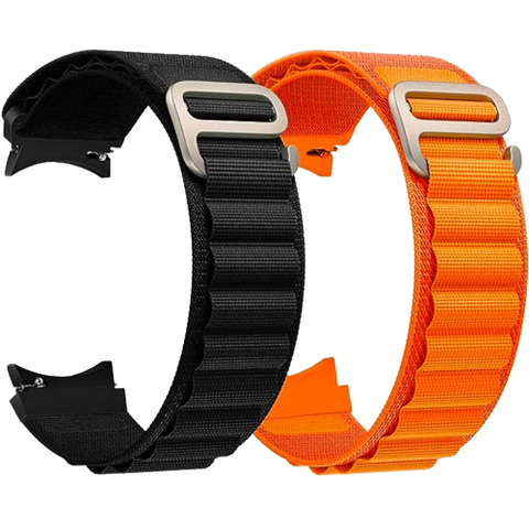 A render showing the BlackPro Alpine Loop band for the Galaxy Watch 6 in black and orange colors.