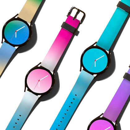 A render showing a few Galaxy Watch 6 models with CASETiFY's Flexi band in a bunch of colors.