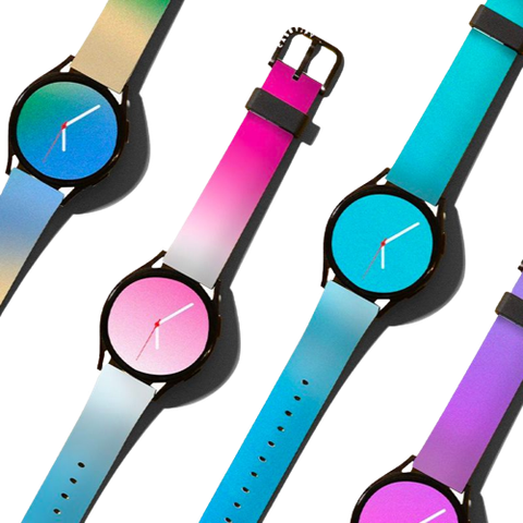 A render showing a few Galaxy Watch 6 models with CASETiFY's Flexi band in a bunch of colors.