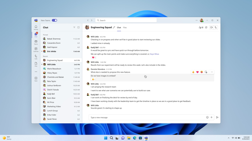 Vista de lista de chat compacta en Teams que se ejecuta en Windows 11