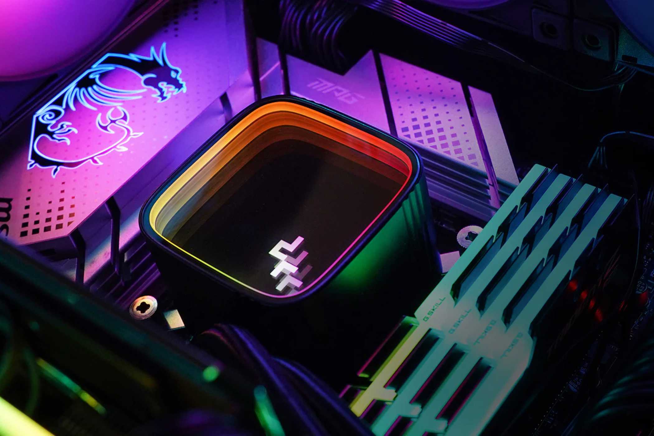 Close-up of the Deepcool LS520 SE liquid AIO cooler installed on a motherboard