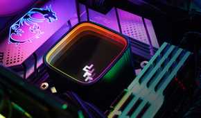 Close-up of the Deepcool LS520 SE liquid AIO cooler installed on a motherboard