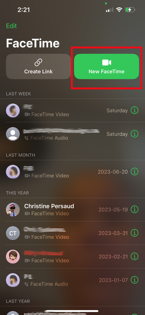 A FaceTime window on an iPhone showing blurred out phone numbers, New FaceTime button highlighted.
