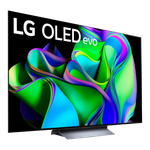 A render of the LG C3 OLED TV displaying the branding and an abstract wallpaper.