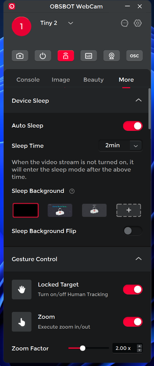 Screenshot of the Obsbot WebCam software showing settings related to sleep and gesture controls