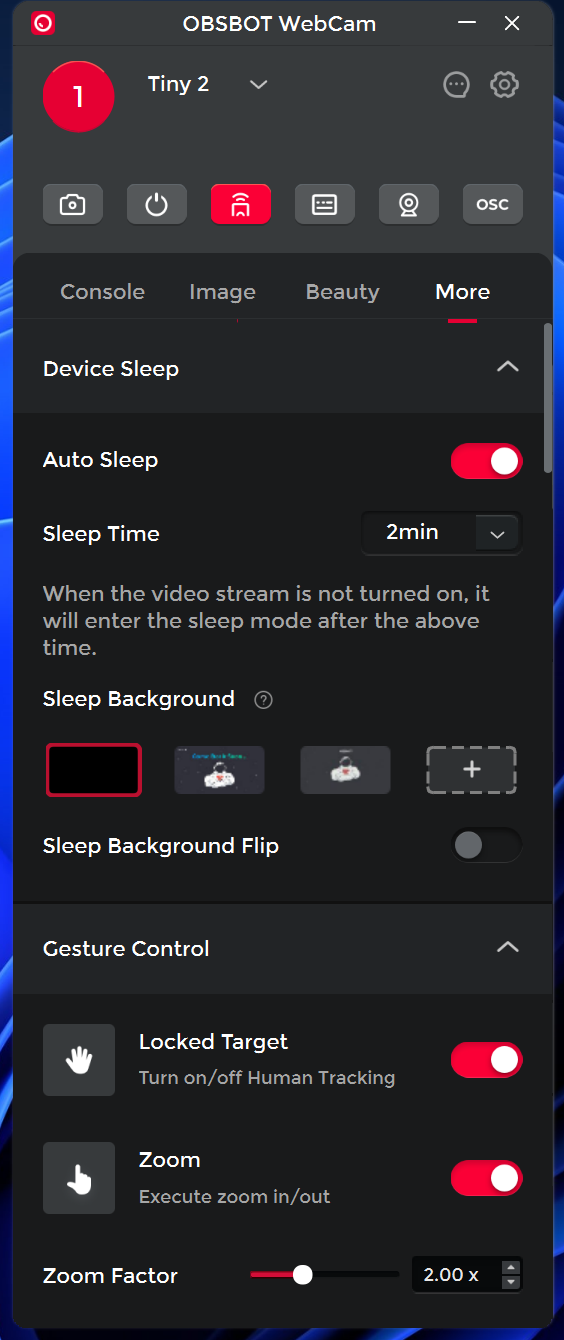 Screenshot of the Obsbot WebCam software showing settings related to sleep and gesture controls