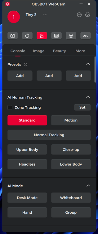 Screenshot of the Obsbot WebCam software showing settings related to tracking and AI modes