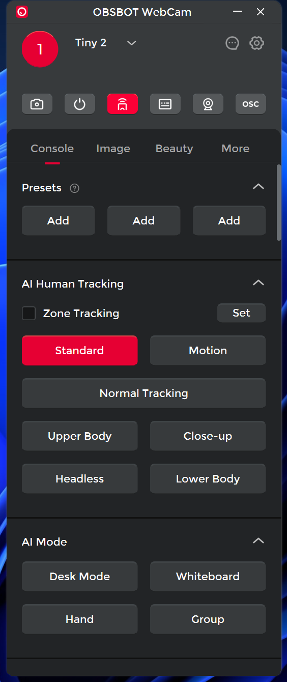 Screenshot of the Obsbot WebCam software showing settings related to tracking and AI modes