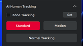 Screenshot of the Obsbot WebCam software showing settings related to tracking and AI modes