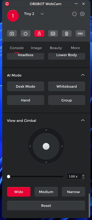Screenshot of the Obsbot WebCam software showing settings related to AI modes, zoom, and the gimbal position
