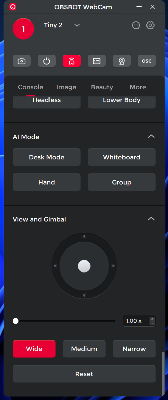 Screenshot of the Obsbot WebCam software showing settings related to AI modes, zoom, and the gimbal position