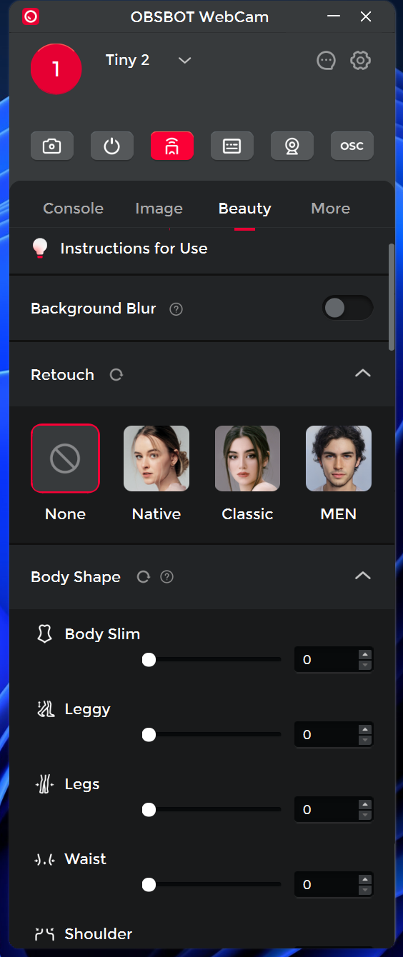 Screenshot of the Obsbot WebCam software showing settings beauti enhancements and background blur