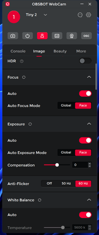 Screenshot of the Obsbot WebCam software showing settings related to the image properties, including HDR, exposure, and white balance