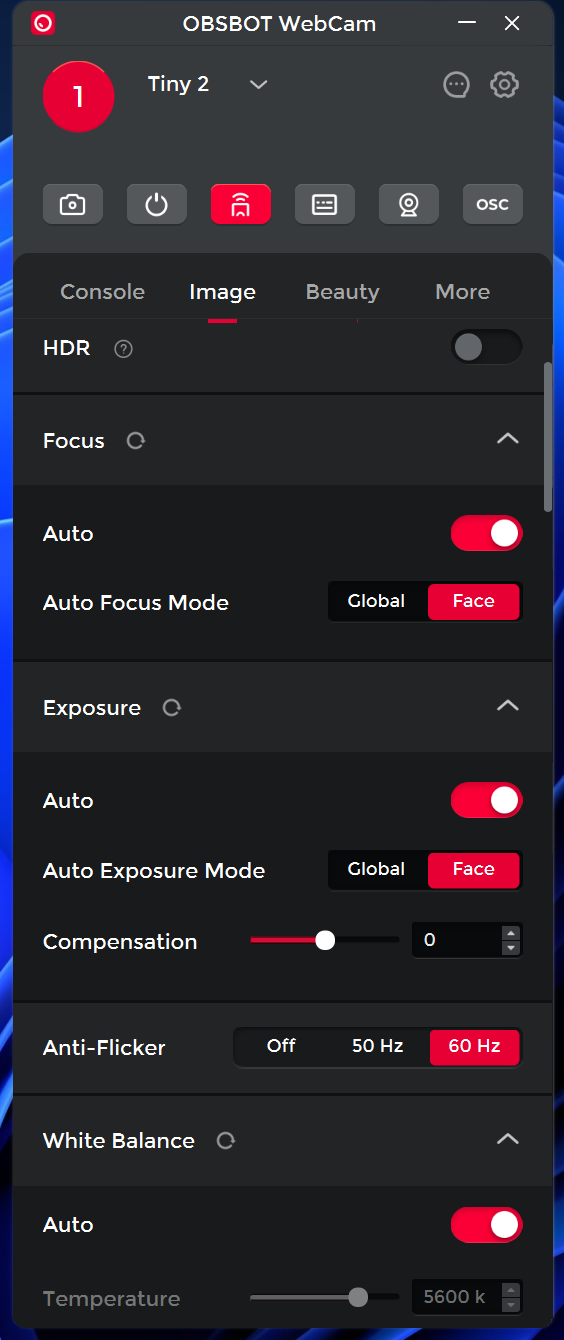 Screenshot of the Obsbot WebCam software showing settings related to the image properties, including HDR, exposure, and white balance
