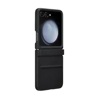 A render showing the Samsung Flap eco-leather case installed on a Galaxy Z Flip 5.