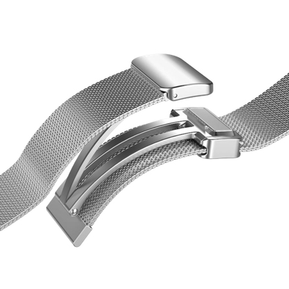 A render showing the Samsung Milanese loop band with silver finish.