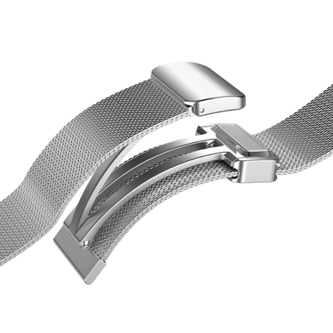 A render showing the Samsung Milanese loop band with silver finish.