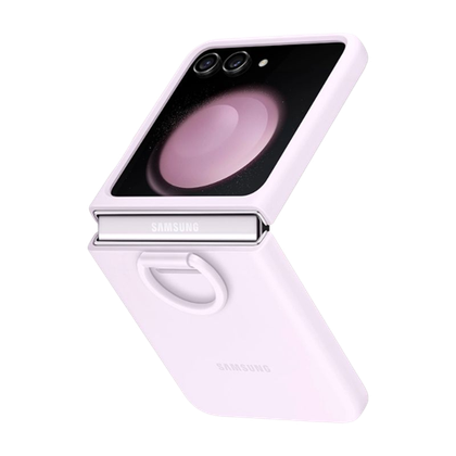 A render of Samsung's silicone case with ring in Lavender color installed on a Galaxy Z Flip 5.