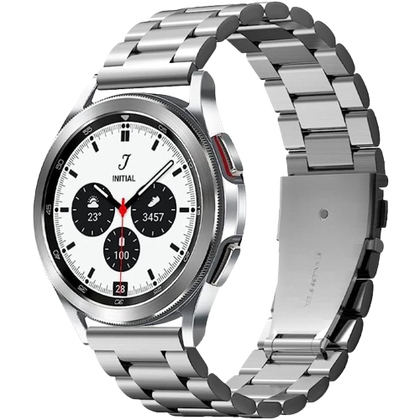 A render showing the Spigen stainless steel band installed on a Galaxy Watch 6.
