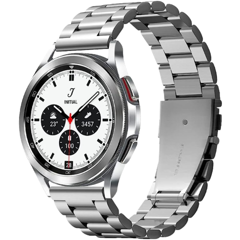 A render showing the Spigen stainless steel band installed on a Galaxy Watch 6.