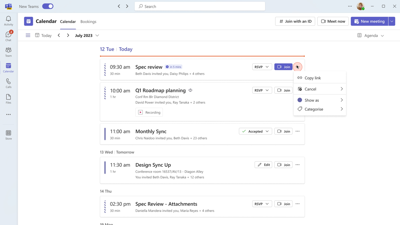 Teams calendar enhancements