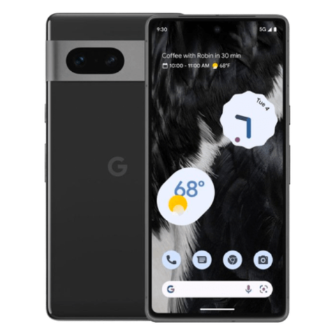 Google Pixel 7 in black showing front and back with transparent background