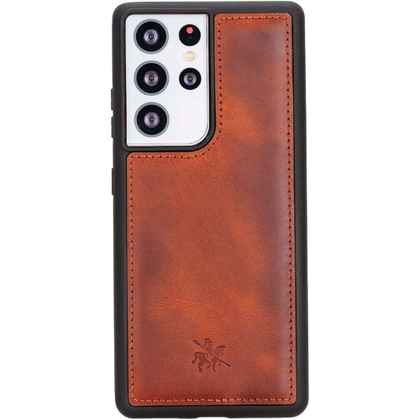 A render showing the Venito Lucca leather case installed on a Samsung Galaxy S21 Ultra.
