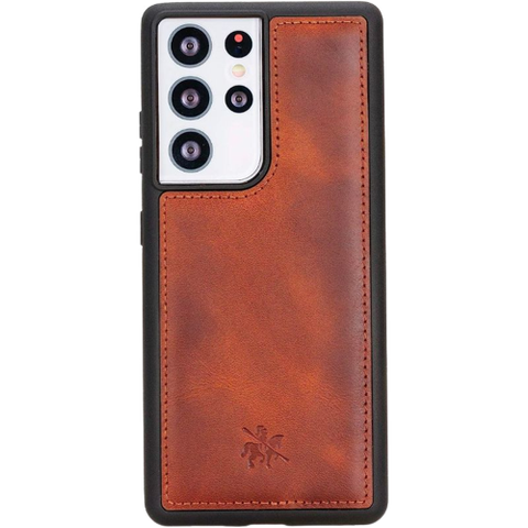 A render showing the Venito Lucca leather case installed on a Samsung Galaxy S21 Ultra.