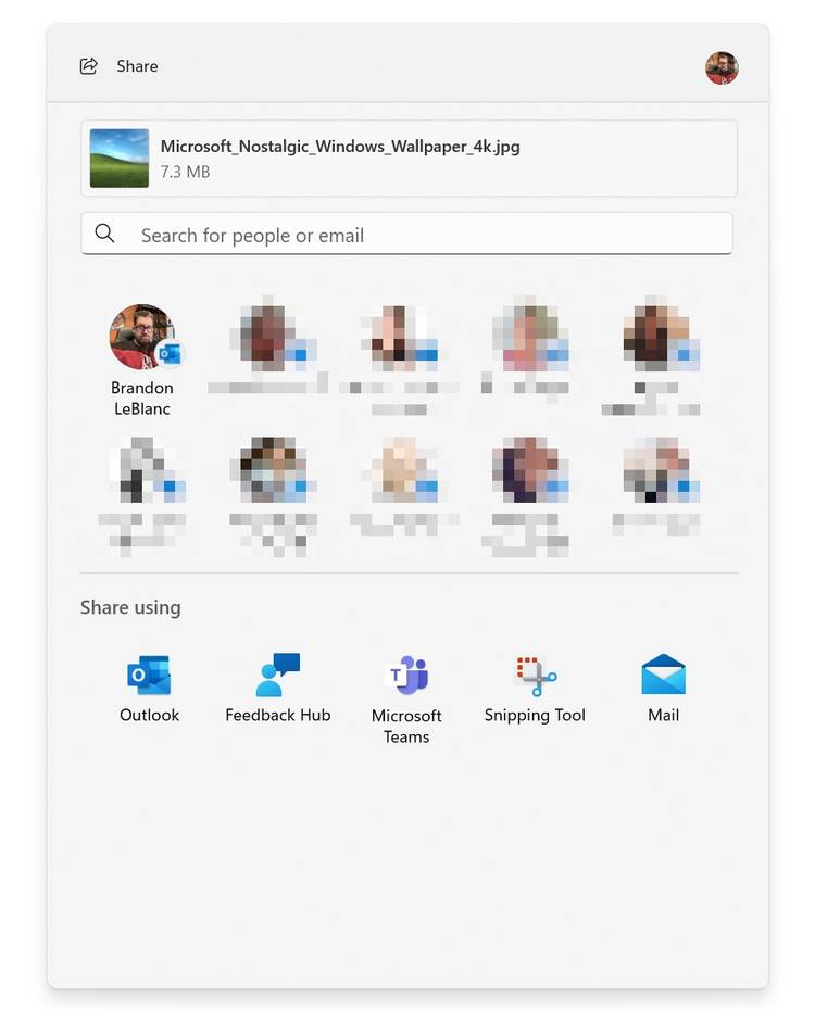 Screenshot of the redesigned Windows 11 share sheet