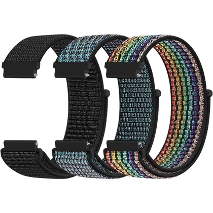 A render showing the XFYELE Nylon band for Galaxy Watch 6 in three different finishes.