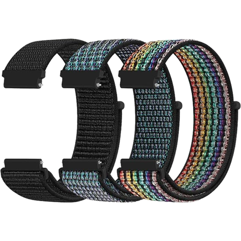 A render showing the XFYELE Nylon band for Galaxy Watch 6 in three different finishes.