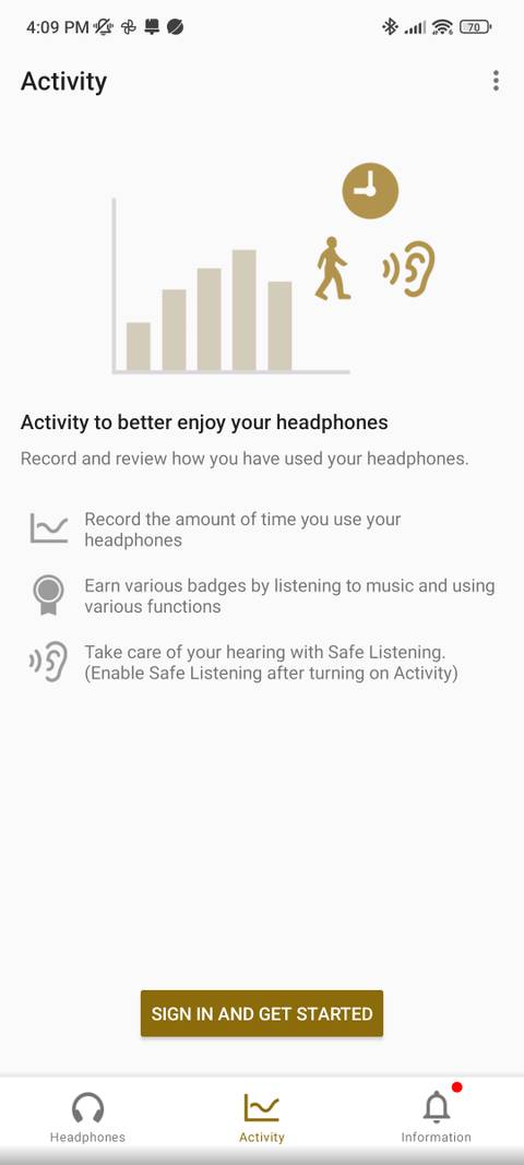 Sony's Headphones app screenshot showing an activity page that needs signing in.
